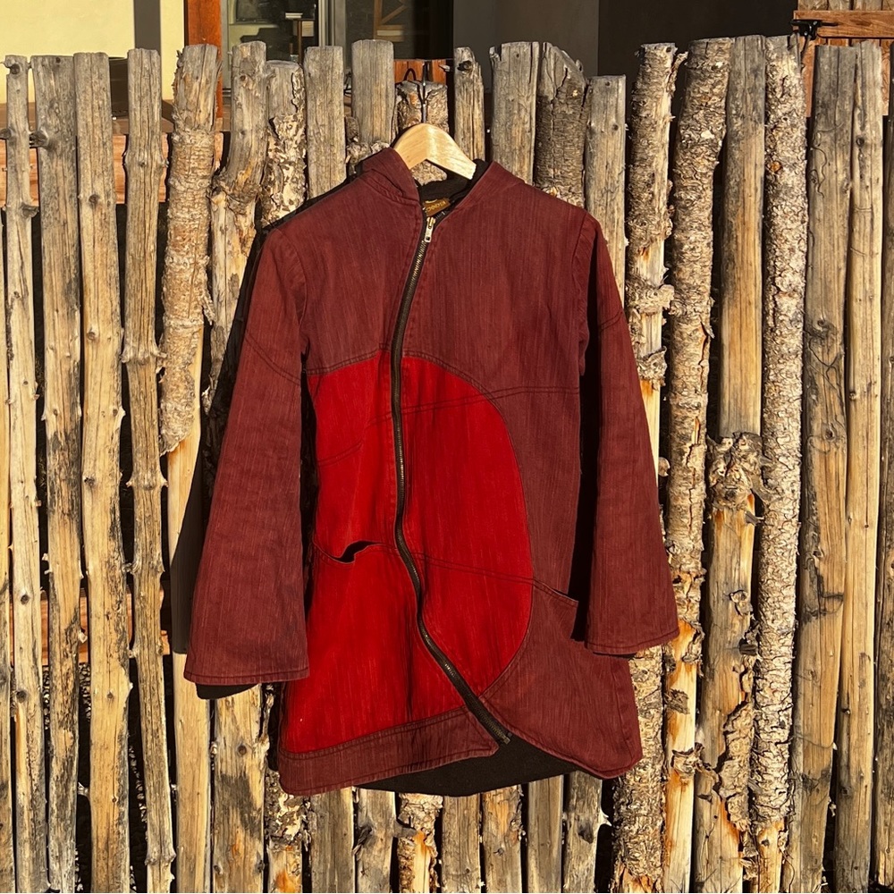 Unique, natural dyed spring jacket. Fun asymmetrical details!